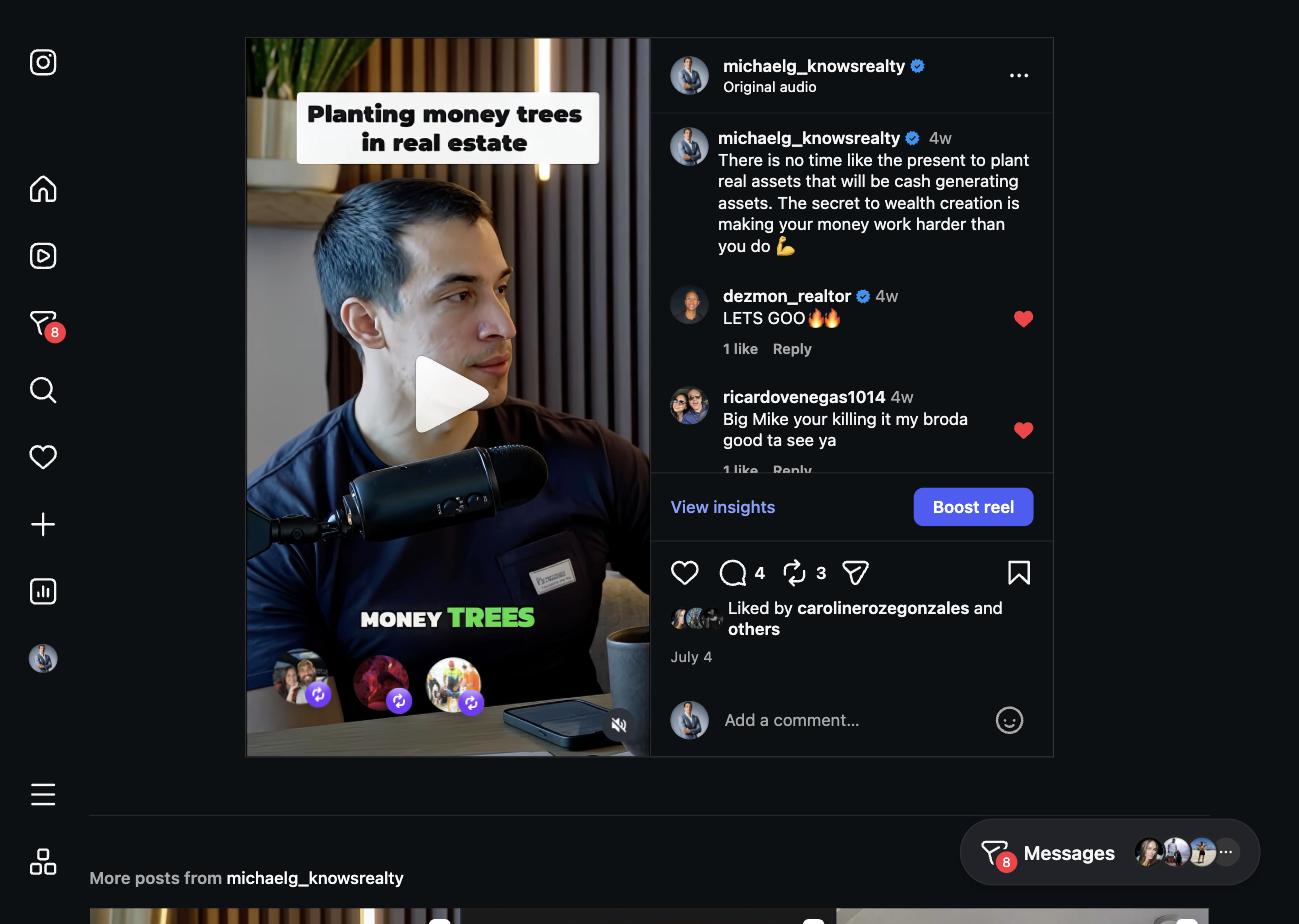 Michael Gonzales Instagram reel: Planting money trees in real estate